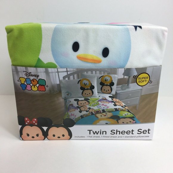 Disney Tsum Tsum Twin Sheet Set Fitted Flat Sheets Pillow Case Minnie Mickey New - Picture 2 of 12